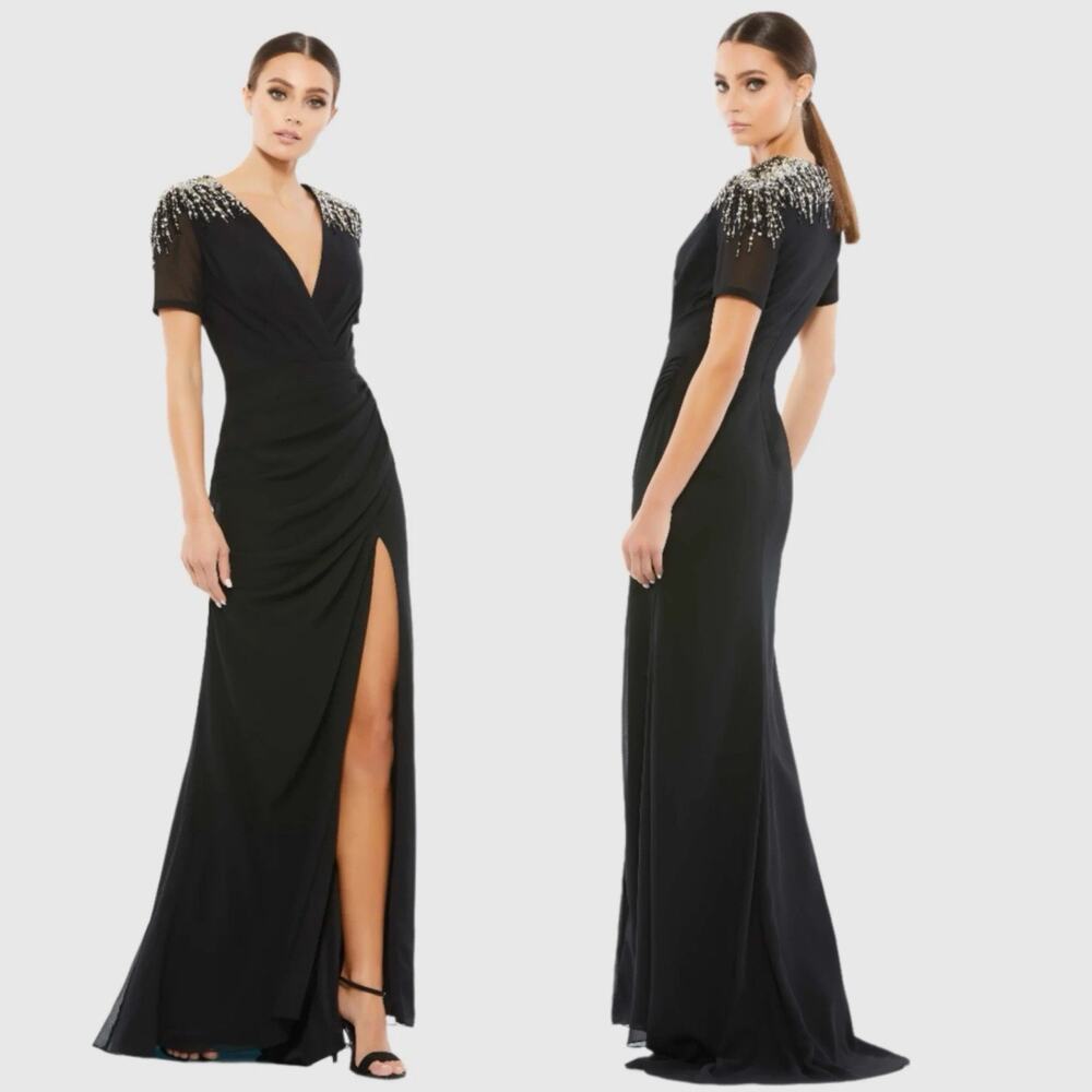 Ieena Mac Duggal Sequined Shoulder Gown Embellished Evening Maxi Dress Size 8